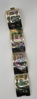 Brilliant Abalone Alpaca Inlay Carved Signed Hecho En Mexico Vintage Bracelet 7  • $29