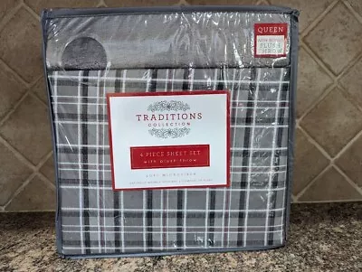 Traditions Collection Gray Plaid Queen Soft Microfiber 4 Pc Sheet Set + Throw • £24.09