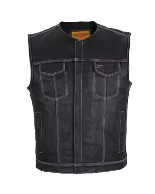 Men's Black Leather Vest Motorcycle Concealed Triple White Thread Waistcoat • $89.99