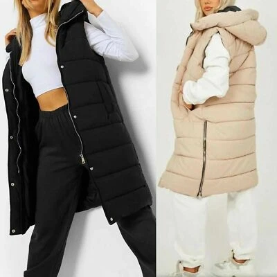£27.99 • Buy Womens Ladies Long Line Hooded Puffer Gilet Jacket Padded Vest Top Body Warmer