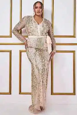 £84.99 • Buy Goddiva Sequin Gold Long Sleeve Maxi Evening Party Prom Dress Size UK 16