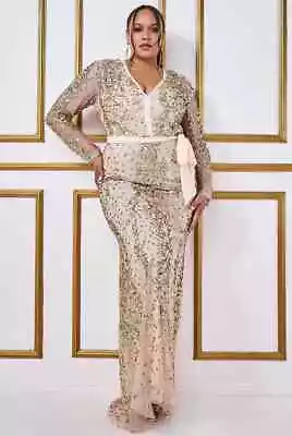 £89.99 • Buy Goddiva Sequin Gold Long Sleeve Maxi Evening Party Prom Dress Size UK 22