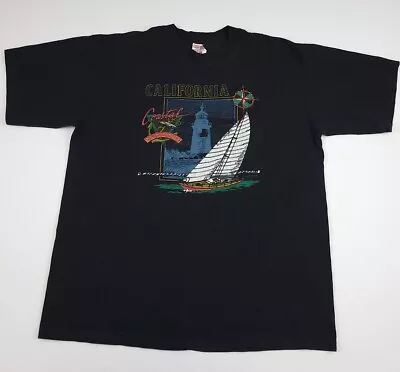 Vintage 90s California Coastal Sailing Multicolor Print T Shirt Vtg Sailboat USA • $21.99