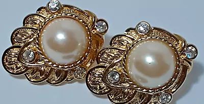 KJL For Avon Vintage Pierced Earrings Faux Pearl Rhinestone Gold Tone 1 1/4  • $33.97