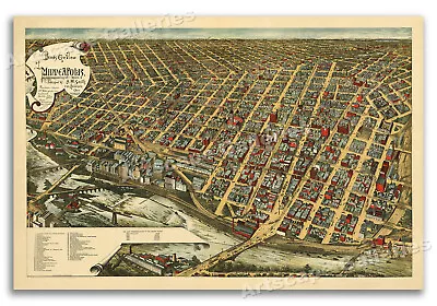 Bird's Eye View 1891 Minneapolis Minnesota Vintage Style City Map - 16x24 • $13.95