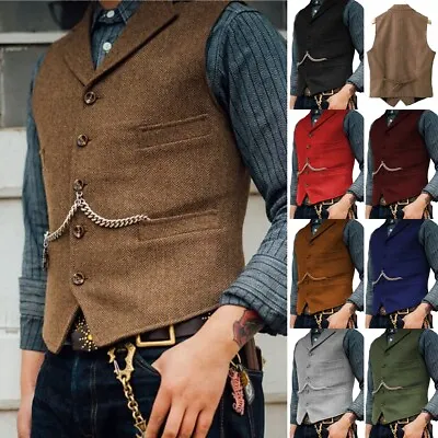 Mens Tweed Waistcoat Vintage Vest Wool Herringbone Notch Lapel Slim Fit S-XL-3XL • $44.54