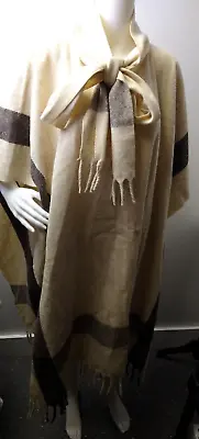 Vintage Wool Mexican Serape Poncho Cape Fringe Striped Beige Brown Blanket 42  • $79.99