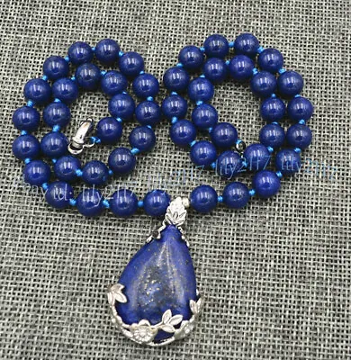 Natural Blue Egyptian Lapis Lazuli Gemstone Round Beads Drop Pendant Necklace • $13.48