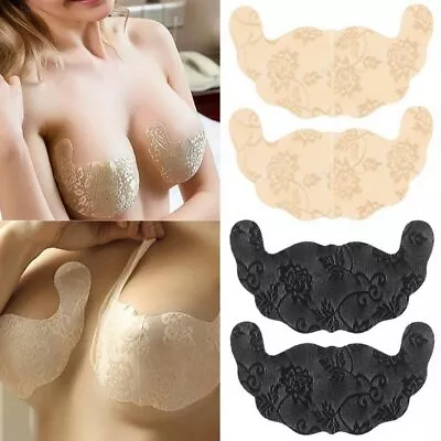 Women Self Adhesive Bra Strapless Lace Invisible Stick Gel Nipple Cover Push Up • £2.99