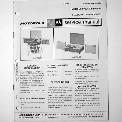 Motorola ® Models PP226E PP245E Portable Record Player Service Manual © 1968 • $4.70