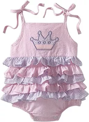 Mud Pie Seersucker Baby Girl Pink/Purple Ruffle Sunsuit Bubble Romper Crown 0-6 • $29.99