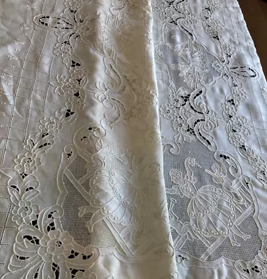 Antique Italian Hand Embroidered Figural Needle Lace Tablecloth  118 X 70 • $299