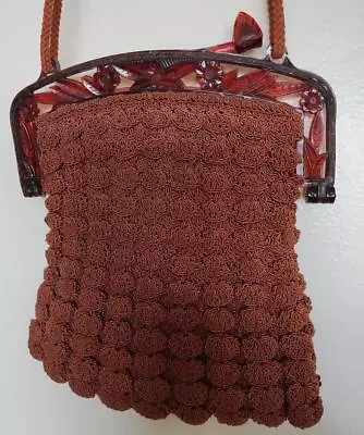 Vtg 1930s TORTOISE CELLULOID HANDLE CROCHETED POPCORN Evening Shoulder Purse • $37