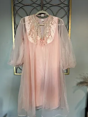 Vintage Sears Chiffon Peignoir Set Pink  Peach Sheer Robe & Nightgown Sz 32-34 • $39.99
