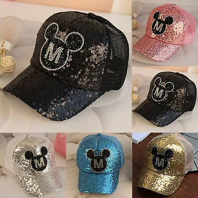 Boys Girls Mickey Minnie Mouse Glitter Sun Hat Adjustable Outdoor Baseball Cap • £7.21