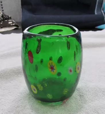 Vintage Fratelli Toso Green Murano Millefiori Glass Vase  4 3/4  • $49