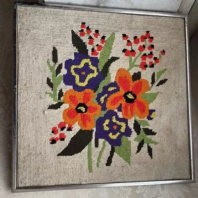 Vintage Needlepoint Flowers Wool Folk Art MCM Kitch Framed  12” X 12” • $31.98