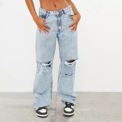 PrettyLittleThing Light Blue Acid Wash Baggy Ripped Low Rise Boyfriend Jeans • £14.50