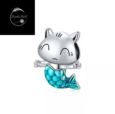 Genuine Sterling Silver 925 Cute Mermaid Cat Kitten Animal Pet Love Bead Charm • £16.29