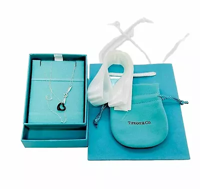 Tiffany Co Elsa Peretti Jade Black Open Heart Necklace AG 925 Silver  New W Box • $420