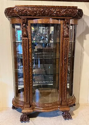 Antique Oak RJ Horner Serpentine Glass China Cabinet With Lion Heads • $5700
