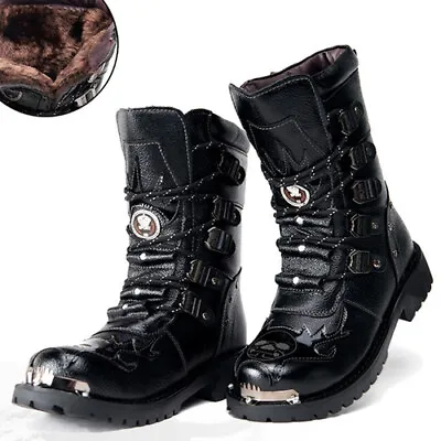 Men's Army Boots 2023 Leather Winter Black Metal Punk Boots NEW • $12.99