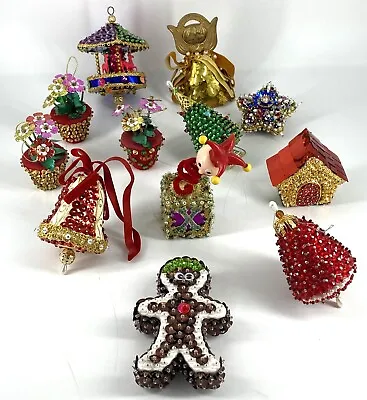 Vintage Handmade Beaded Sequin Push Pin Christmas Ornaments -- 11 Angel Bell Etc • $50