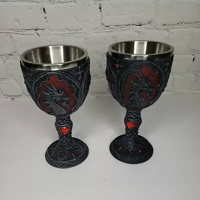 Set Of 2 Skull Goblet Retro Dragon King Resin Gothic Party Bar Chalice. • $49.54