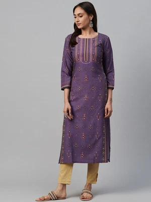 $55.59 • Buy Women Purple & Orange Printed Straight Kurta Indian Casual Designer Kurti Tops