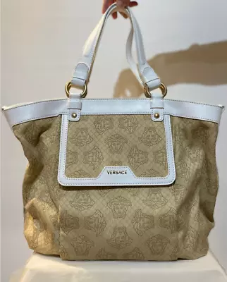 Versace - Logo Tote Cloth Handbag - White And Tan Leather & Cloth • $199