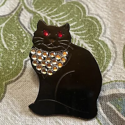 Vtg USA Black Metal Tuxedo Cat Pin Brooch Red Rhinestone Eyes • $9.25