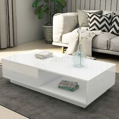 Modern Coffee Table Storage Drawer Shelf Cabinet High Gloss Furniture White New • $159.95