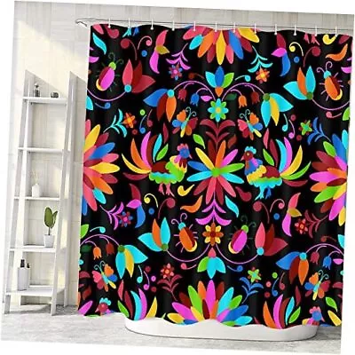 Mexican Shower Curtain Traditional Mexico Otomi Style Floral Bird Bright Black • $28.04