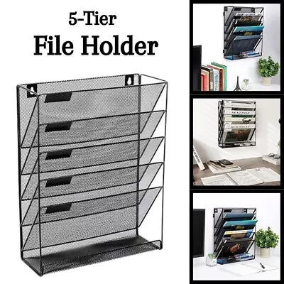 5-Tier Wall Mounted Magazine File Rack Mesh Organizer For Papers Letter Document • £20.49