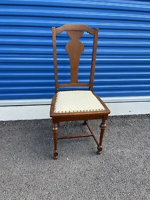 Antique Farmhouse Wood Dining Chair Slat T Back  Oak Upholstered Very Good Cons • $75