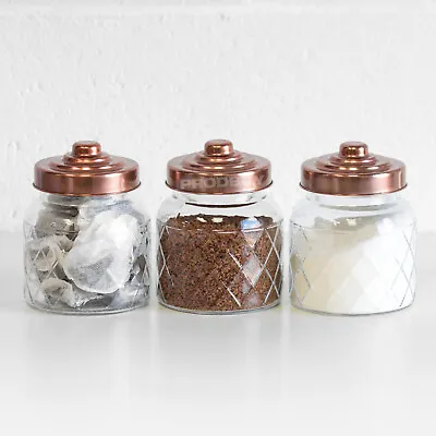 Set Of 3 Glass Storage Jars Copper Lids Tea Coffee Sugar Kitchen Canisters Pots • £17