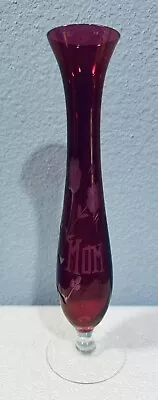 Tall Thin Etched Floral “Mom” Ruby Cranberry Glass Bud Vase Vintage 10” Mother • $14.99