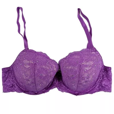 Victoria's Secret Dream Angels Lined Demi Bra Women 36C Purple Floral Rhinestone • $21.95