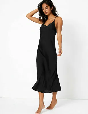 Ladies Long Satin Negligee With Cross Over Straps SECONDS- Black Sizes:8-22 • £9.99