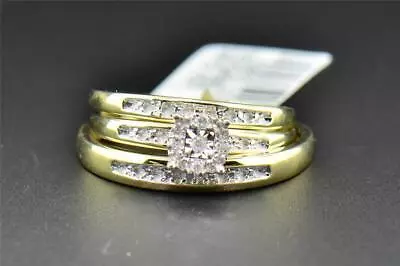 Diamond Trio Set His Hers Matching Engagement Ring Wedding Band 10K Yellow Gold • $475