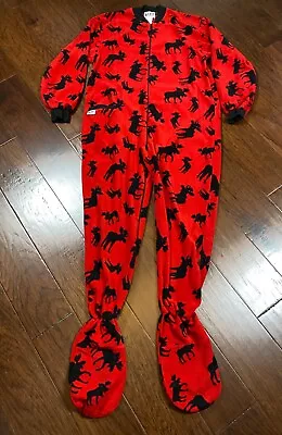 LAZY ONE Adult Unisex Red Classic Moose Footeez 1 Piece Fleece Footed Pajamas L • $24