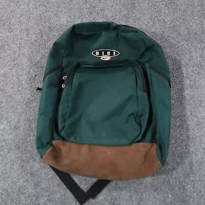Vintage Nike Backpack Green Spellout Swoosh Logo Brown Suede Leather Bottom Y2k • $39.95