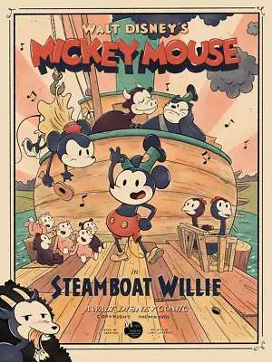 STEAMBOAT WILLIE Poster By JJ Harrison Mondo Disney Mickey Mouse Art Print #/225 • $199.99