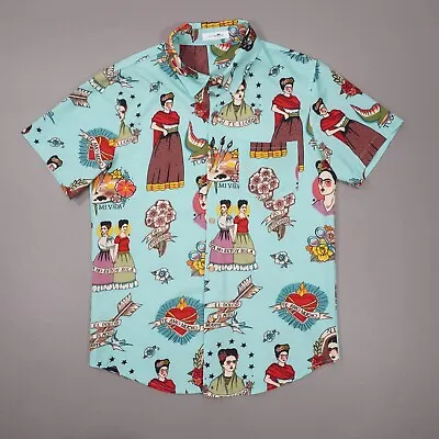 Frida Kahlo Traditional Tattoo Style Short Sleeve Camp Shirt Mens Medium Blue • $19.88