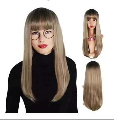 Brynnl Long Dark Blonde Straight Wig Neat Bangs Natural Soft 26in Cosplay Party • £9