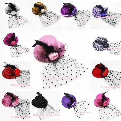 Various Color Sparkle Little Mini Top Hat With Rose Feather Dots Veil Party Clip • $6.99