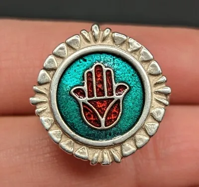 Designer Signed Sterling Silver 925 Hamsa Hand Of Fatima Enamel Ring Size 6.5 • £62.73