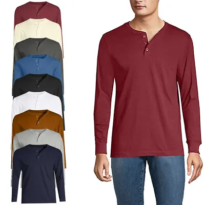 Mens Long Sleeve T-shirt Grandad Buttons Neck Plain Cuff Casual Hanley Top M-3XL • £6.98