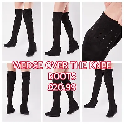 Black Ladies Size 4/37 Rhinestones Encrusted High Wedge Heel Over The Knee Boots • £21.99