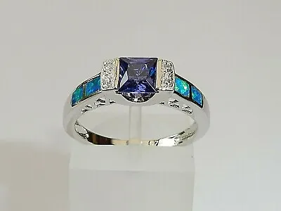Ladies 925 Solid Silver Princess Cut Tanzanite Solitaire With Opal Accents Ring • £26.33